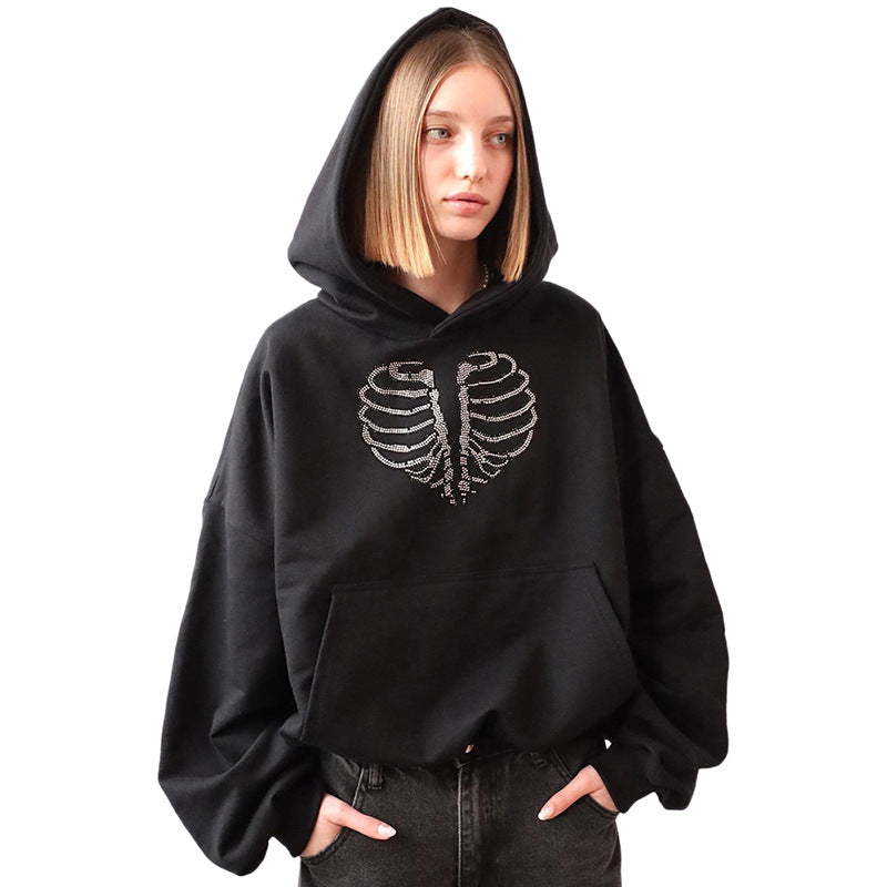 Trendy Skeleton Rhinestone Loose Hooded Sweater - MediaEclat.store