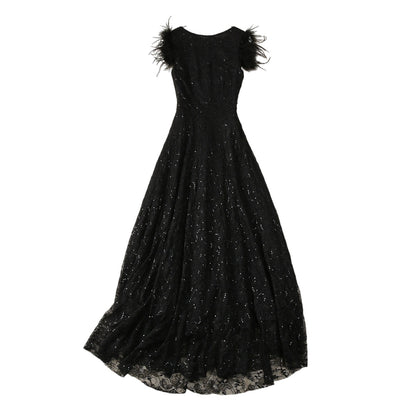 Sequined Lace Feather Flying Sleeves Dress Women