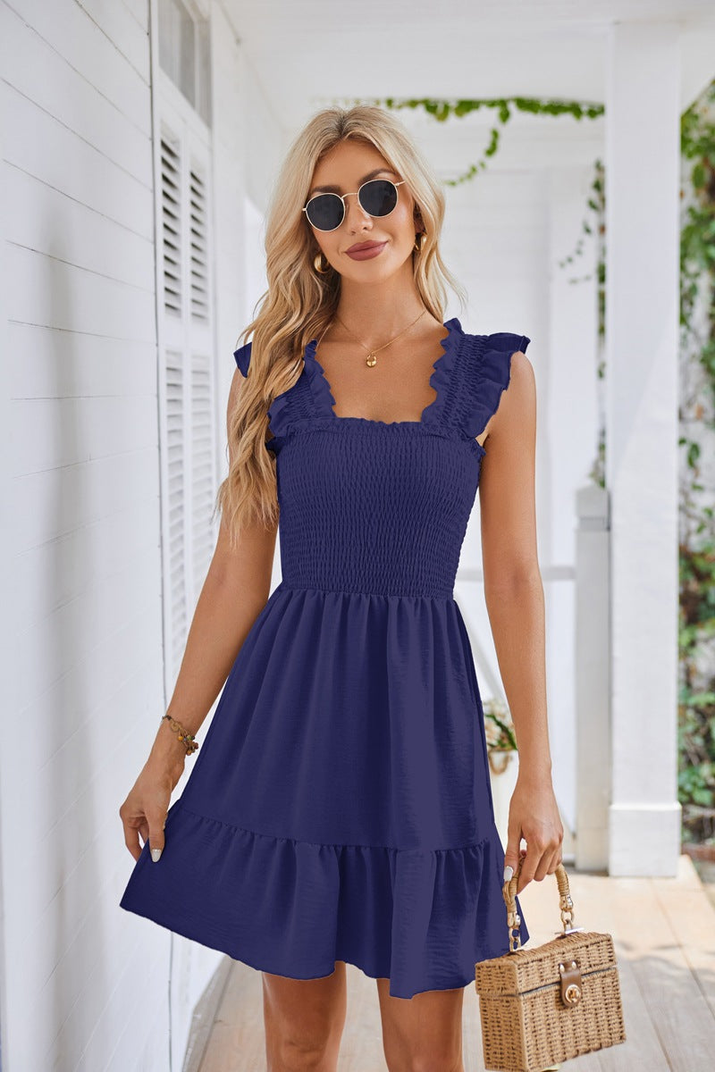 Women's Square Collar Pleated Short Dress