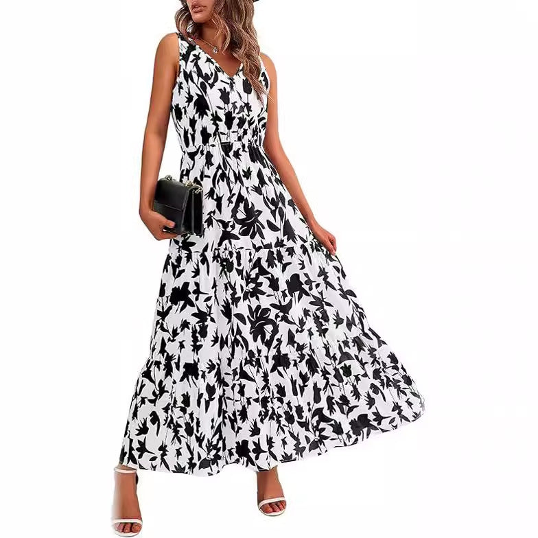 Women's V-neck Elastic Waist Printed Dress