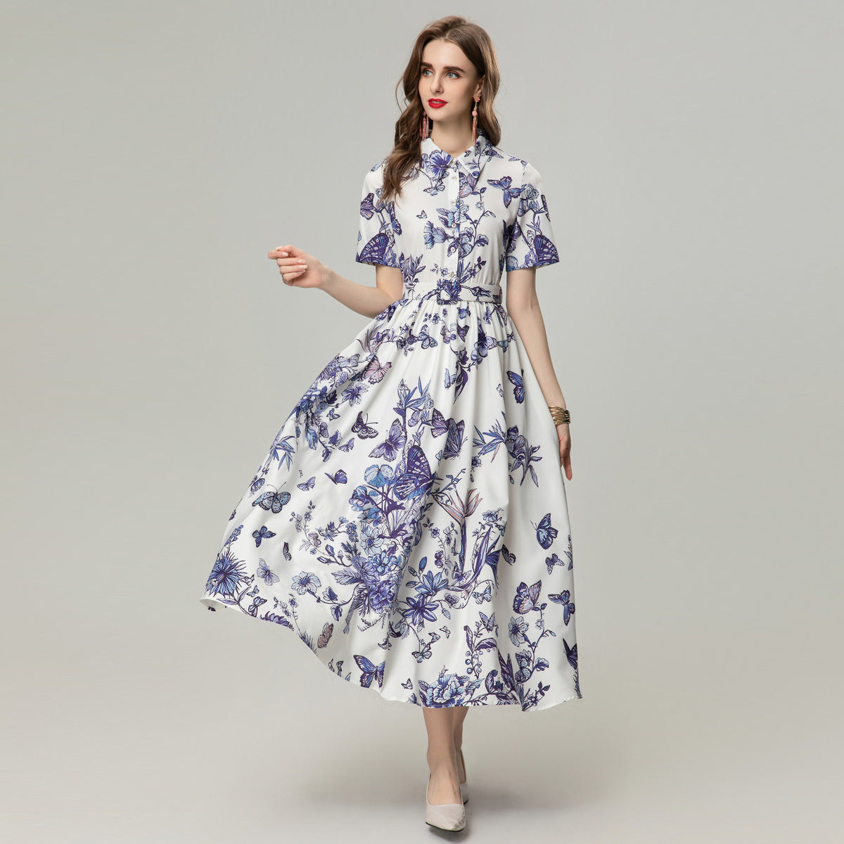 Four-sided Elastic Flower Butterfly Print Dress