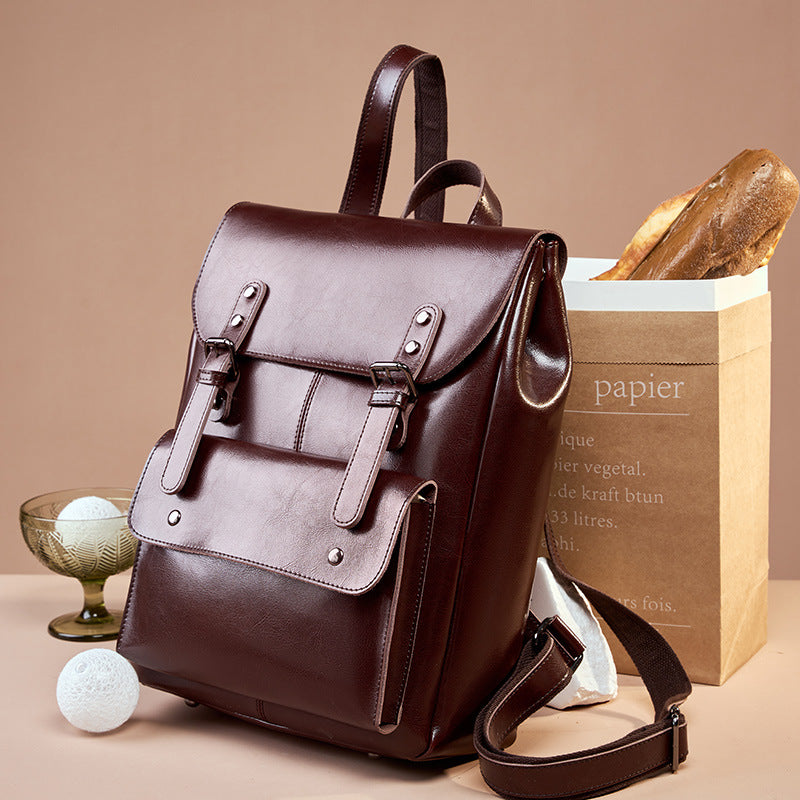 Leather Backpack Women's Wear-resistant Retro