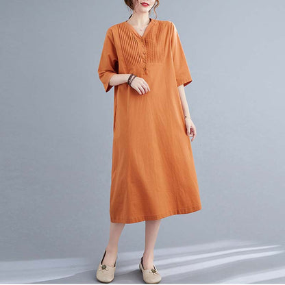 Artistic Loose Solid Color Cotton And Linen V-neck Half-length Sleeve Dress Women's Mid-length - MediaEclat.store