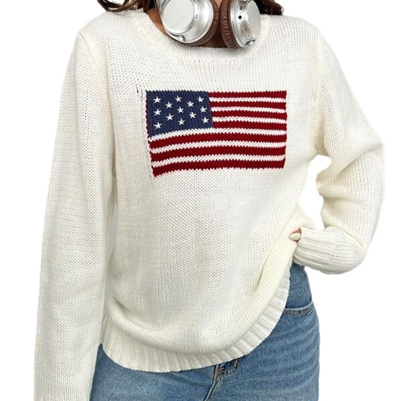 Women's Loose Round Neck Flag Sweater