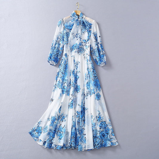 Silk Scarf Collar Blue And White Porcelain Printed Chiffon Fashion Dress
