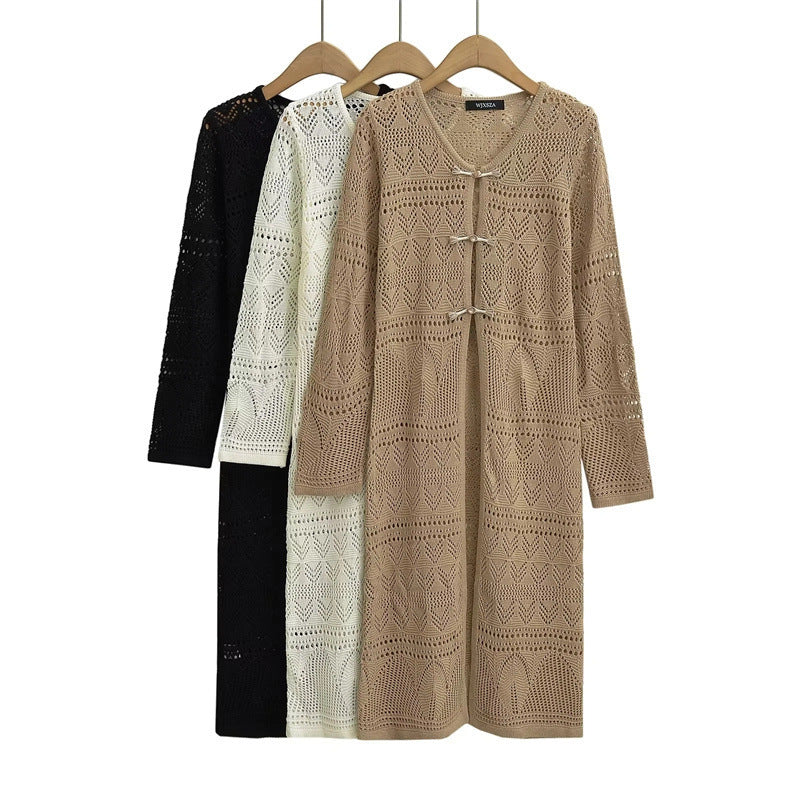 A Gust Of Neo-Chinese Wind Buckle Hollow-out Long-sleeved Knitted Cardigan Design Sense Long Below The Knee Slim Fit