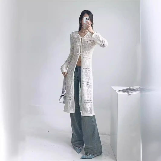 A Gust Of Neo-Chinese Wind Buckle Hollow-out Long-sleeved Knitted Cardigan Design Sense Long Below The Knee Slim Fit