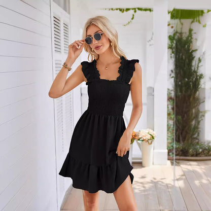 Women's Square Collar Pleated Short Dress