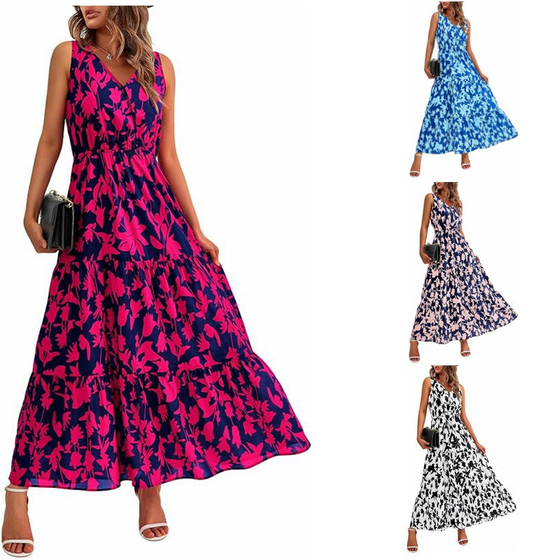 Women's V-neck Elastic Waist Printed Dress