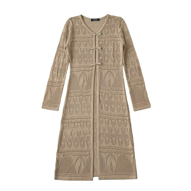 A Gust Of Neo-Chinese Wind Buckle Hollow-out Long-sleeved Knitted Cardigan Design Sense Long Below The Knee Slim Fit - MediaEclat.store