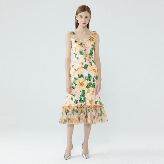 Ruffle V-neck Camellia Printed Fishtail Dress