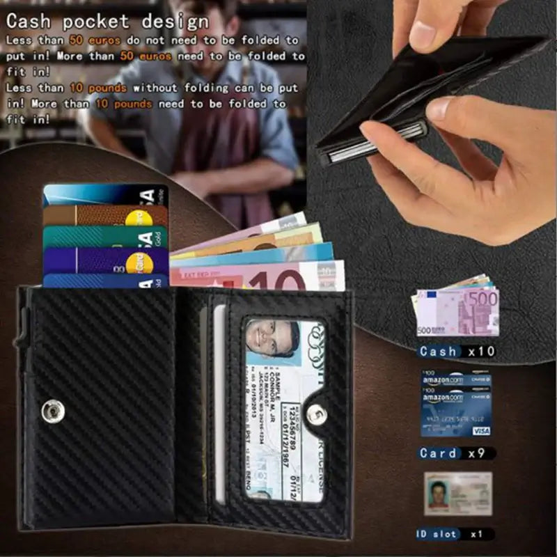 Multifunctional Aluminum Alloy Men's Leather Wallet RFID Anti-Magnetic Aluminum Box Card Clamp Buckle Cowhide Wallet Automatic Card Holder