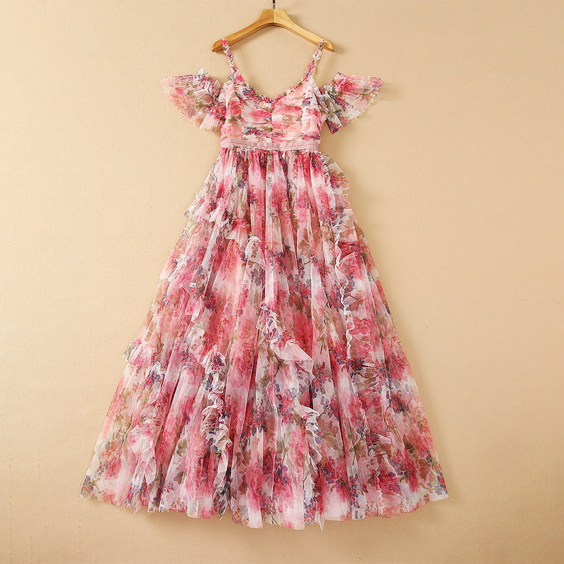 Mesh Floral Print High Waist Oversized Skirt Sling Dress