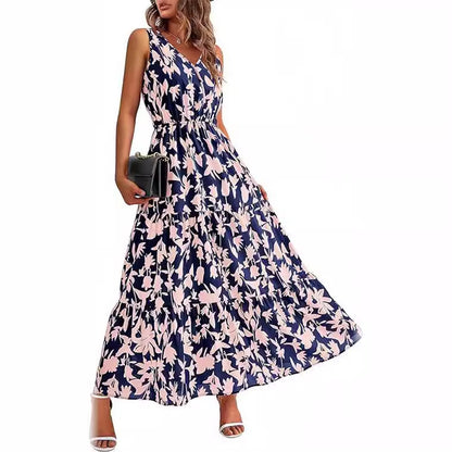 Women's V-neck Elastic Waist Printed Dress