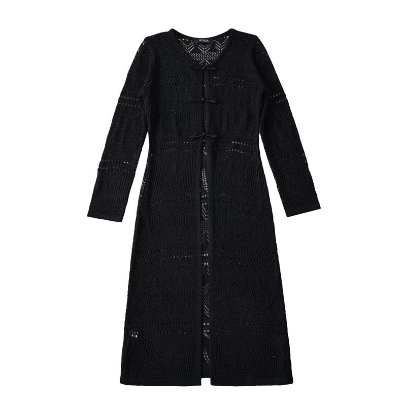 A Gust Of Neo-Chinese Wind Buckle Hollow-out Long-sleeved Knitted Cardigan Design Sense Long Below The Knee Slim Fit