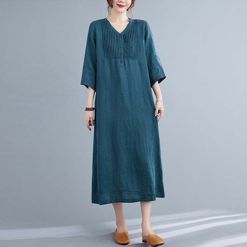 Artistic Loose Solid Color Cotton And Linen V-neck Half-length Sleeve Dress Women's Mid-length - MediaEclat.store