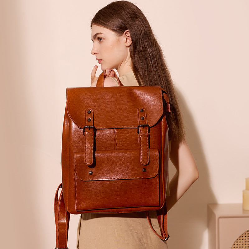 Leather Backpack Women's Wear-resistant Retro