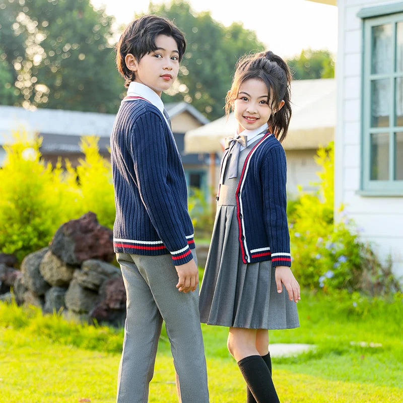 Child School Uniform outfits Navy Sweater cardigan+shirt+pants (dress)+tie 4pcs Boys girls JK clothes Suit Kid Student Class Set