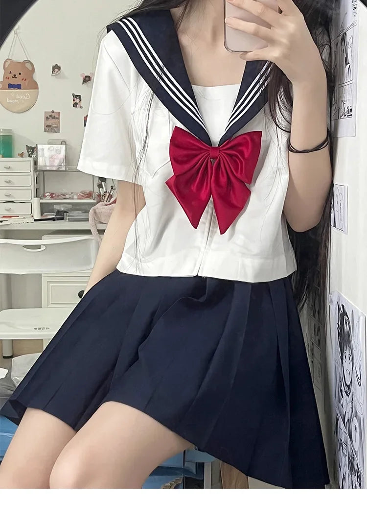 2025 new Japanese school uniform girls plus size Jk suit Spring red tie white three basic sailor uniform women's long skirt suit