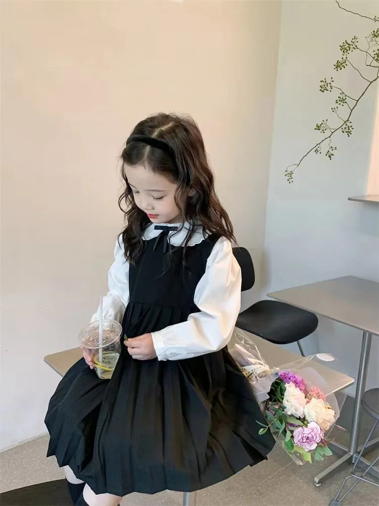 School Uniform Girls Sundress Children White Long Sleeve Blouse+sleeveless Dress 2 Piece Sets Baby Top Skirts Suit Kids Dresses