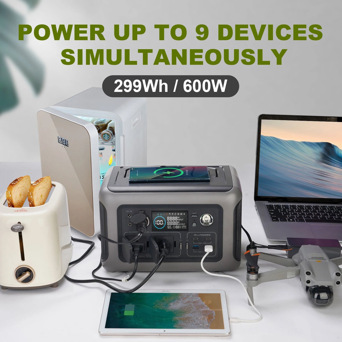 ALLPOWERS 299Wh 600W Portable Power Station R600, LiFePO4 Battery Backup with UPS Function, 1 Hour to Full 400W Input, MPPT