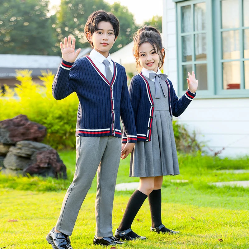 Child School Uniform outfits Navy Sweater cardigan+shirt+pants (dress)+tie 4pcs Boys girls JK clothes Suit Kid Student Class Set