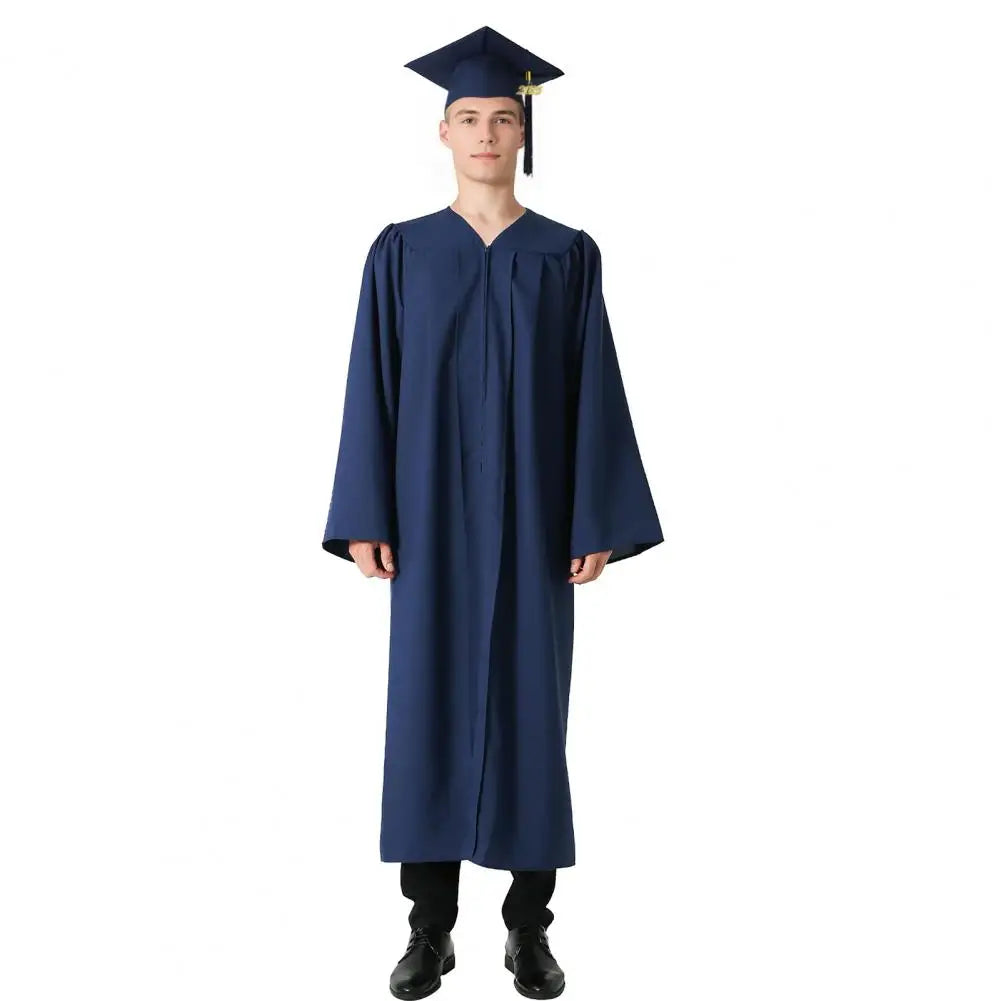 Bachelor Uniform with Hat V Neck Knee Length Long Sleeve Hidden Button Student Graduation Robe Doctor Master Graduation Clothes
