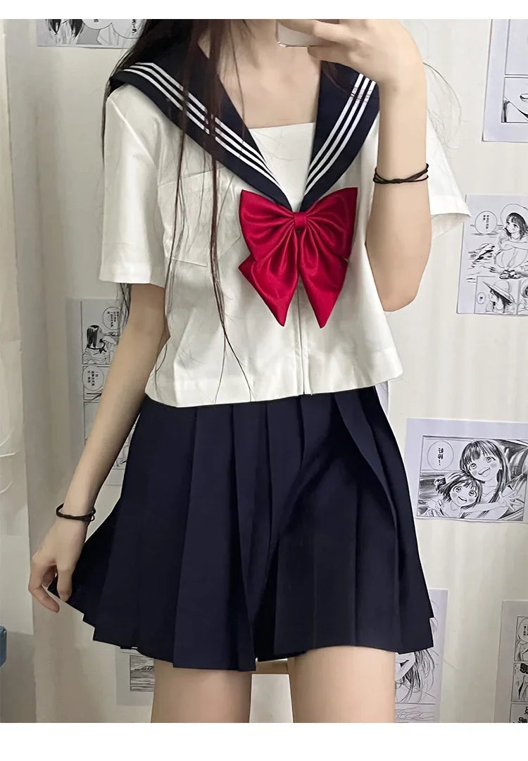 2025 new Japanese school uniform girls plus size Jk suit Spring red tie white three basic sailor uniform women's long skirt suit