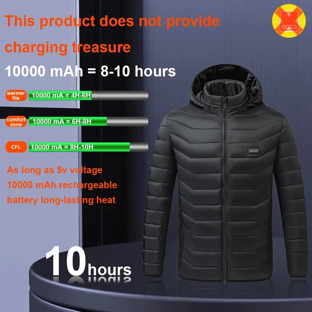 Washable USB charging and heating jacket, cotton hooded jacket, electric heating, thermal jacket, outdoor, camping, hiking zone