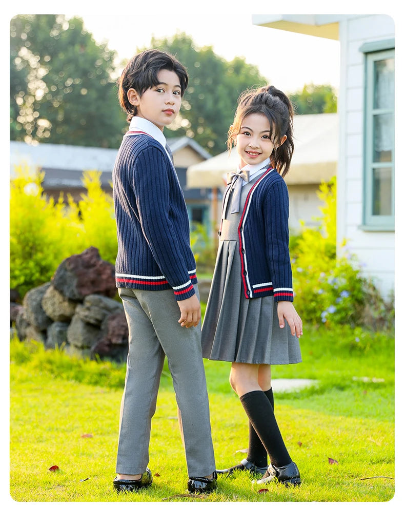 Child School Uniform outfits Navy Sweater cardigan+shirt+pants (dress)+tie 4pcs Boys girls JK clothes Suit Kid Student Class Set