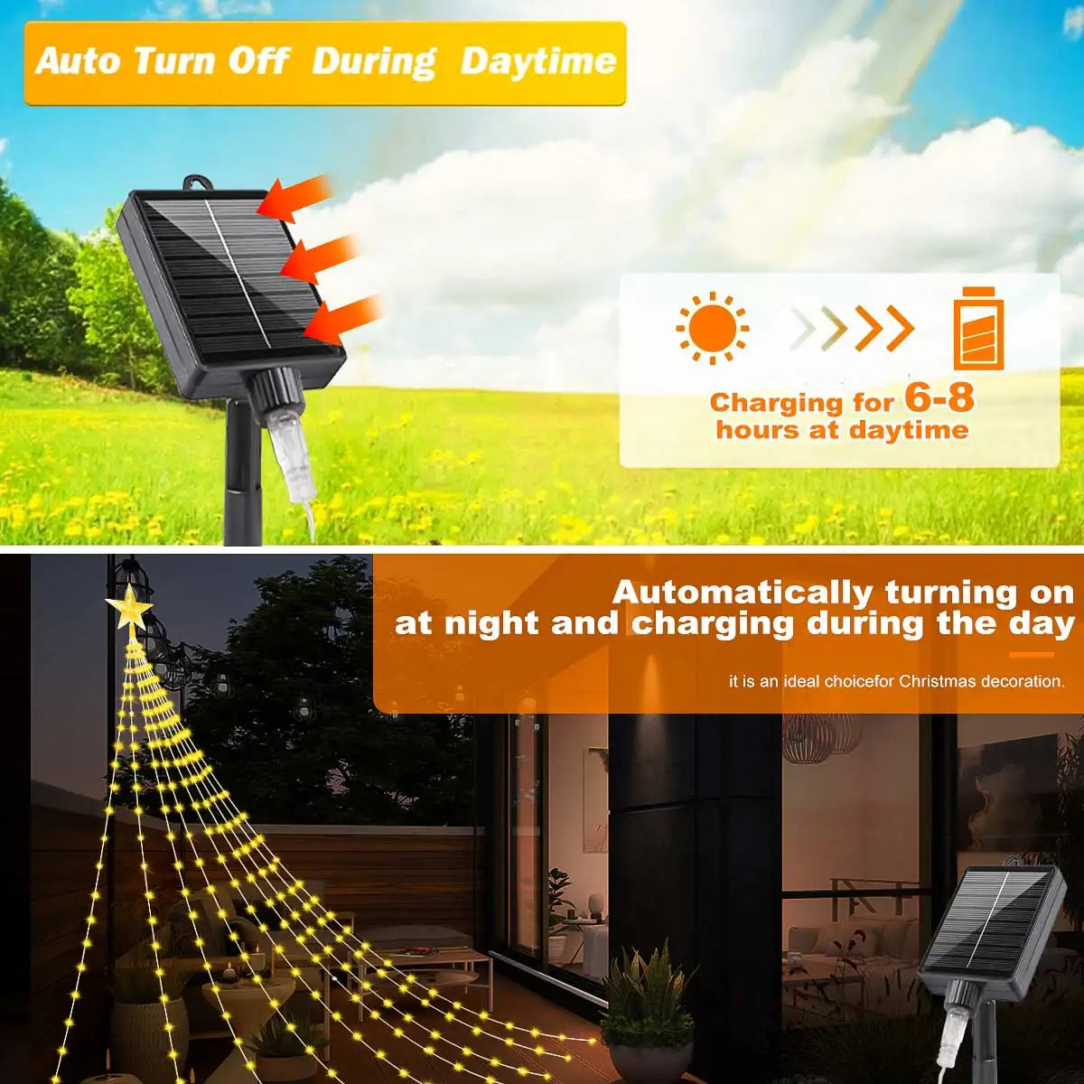 Solar Christmas Decoration Star String Lights 2/3M 8 Modes Waterfall Christmas Tree Fairy Lights for Outdoor Wedding Holiday