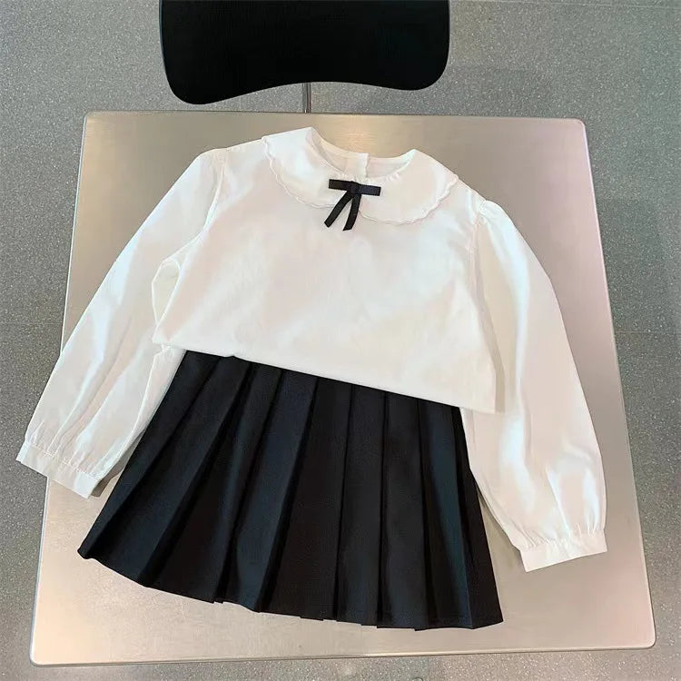 School Uniform Girls Sundress Children White Long Sleeve Blouse+sleeveless Dress 2 Piece Sets Baby Top Skirts Suit Kids Dresses