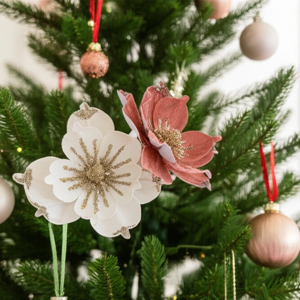 Christmas Tree Poinsettia Flower Cream White Velvet Magnolia Artificial Floral Ornaments for Xmas Decoration Wedding Centerpiece