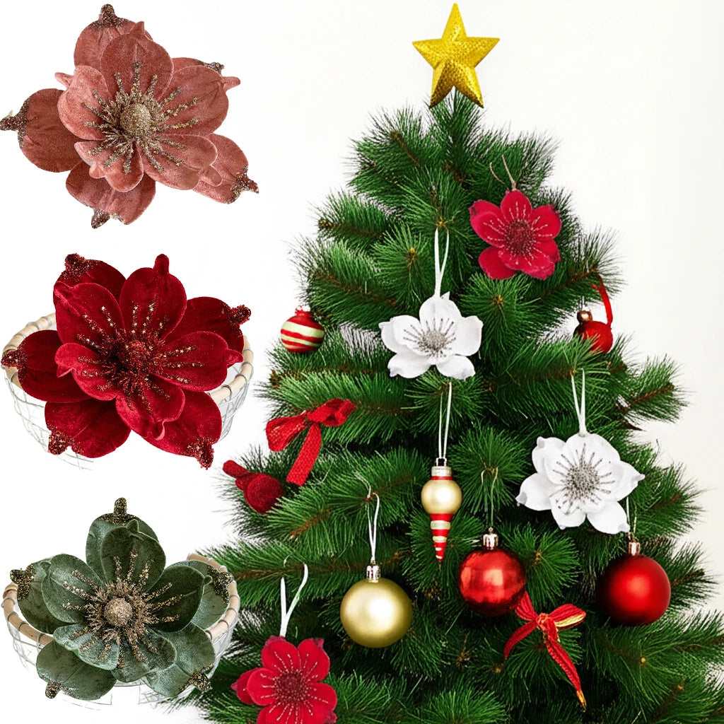 Christmas Tree Poinsettia Flower Cream White Velvet Magnolia Artificial Floral Ornaments for Xmas Decoration Wedding Centerpiece