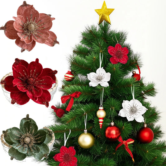 Christmas Tree Poinsettia Flower Cream White Velvet Magnolia Artificial Floral Ornaments for Xmas Decoration Wedding Centerpiece