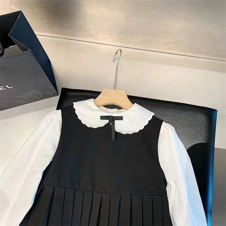 School Uniform Girls Sundress Children White Long Sleeve Blouse+sleeveless Dress 2 Piece Sets Baby Top Skirts Suit Kids Dresses
