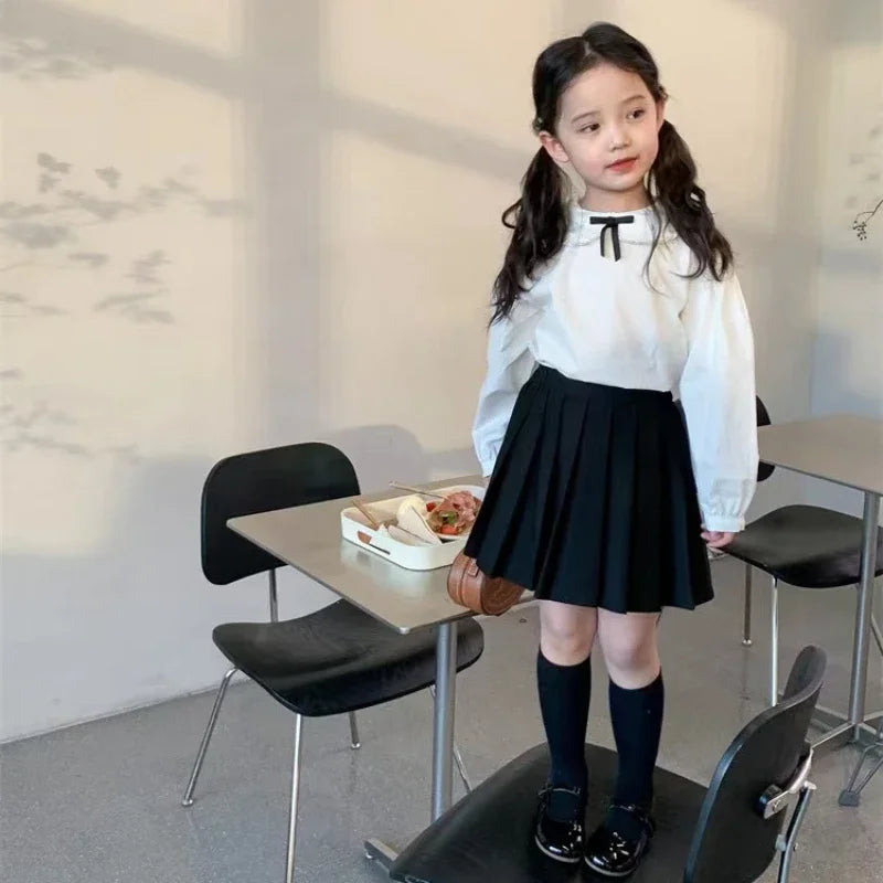School Uniform Girls Sundress Children White Long Sleeve Blouse+sleeveless Dress 2 Piece Sets Baby Top Skirts Suit Kids Dresses
