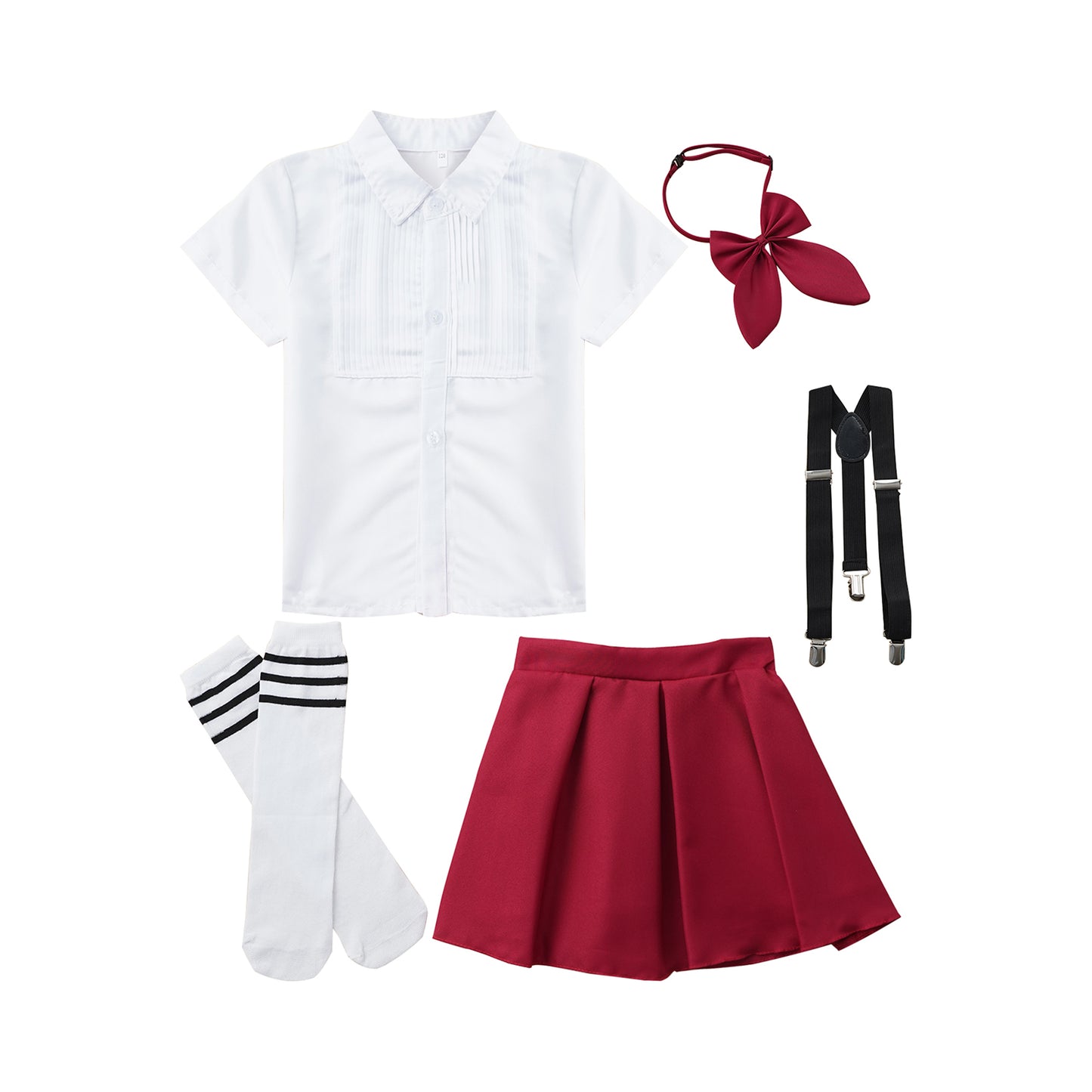 Kids Girls Student School Uniform Shirt Top with Suspenders Skirt Socks Children Choir Stage Performance Suit Schoolgirl Costume