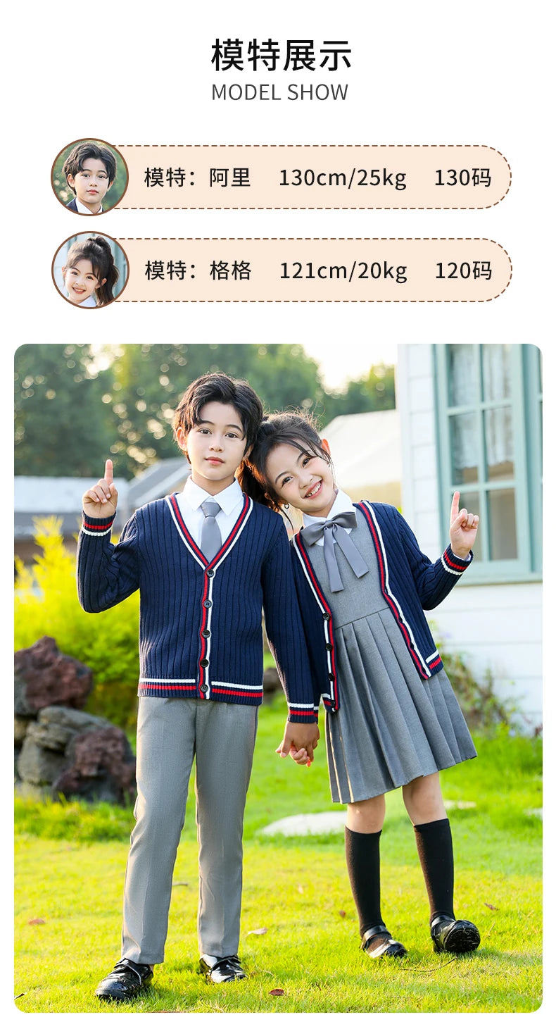 Child School Uniform outfits Navy Sweater cardigan+shirt+pants (dress)+tie 4pcs Boys girls JK clothes Suit Kid Student Class Set