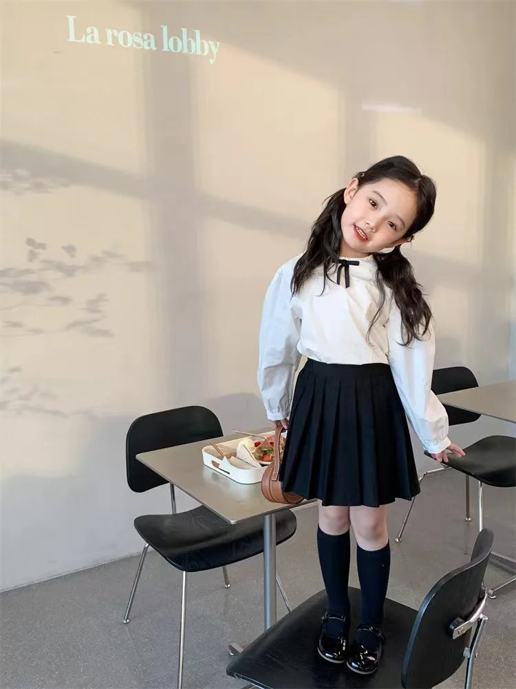 School Uniform Girls Sundress Children White Long Sleeve Blouse+sleeveless Dress 2 Piece Sets Baby Top Skirts Suit Kids Dresses