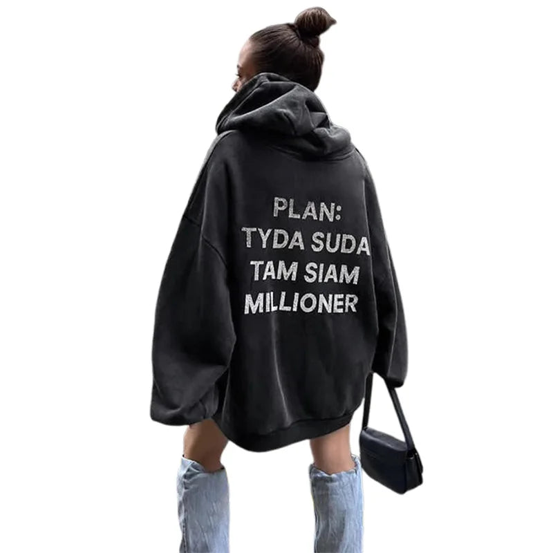 2023 Autumn Women's New Fashion Hooded Letter Hot Diamond Street Trendy Loose Mid length Sweater