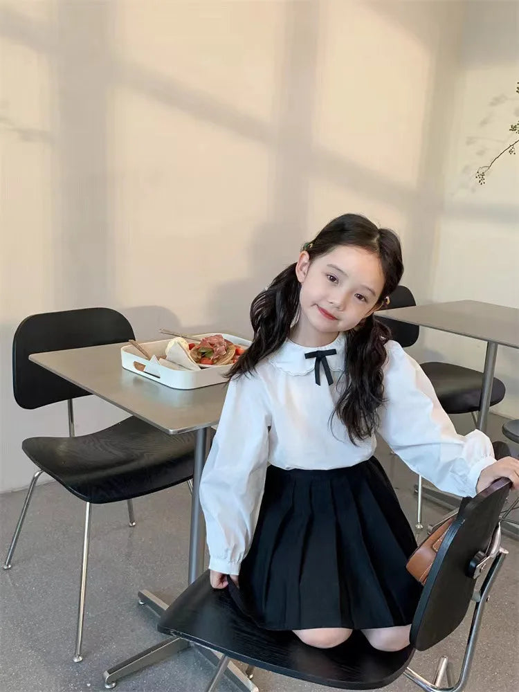 School Uniform Girls Sundress Children White Long Sleeve Blouse+sleeveless Dress 2 Piece Sets Baby Top Skirts Suit Kids Dresses