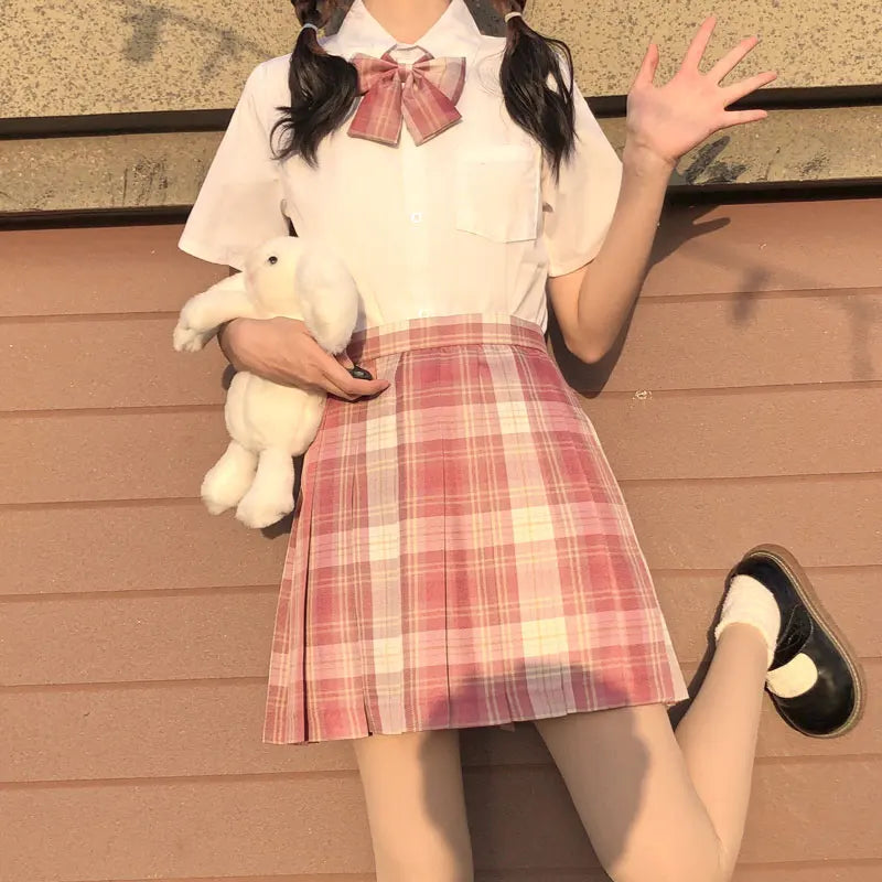 Japanese School Uniform Korean Student JK Seifuku Blouse Pleated Skirt Sailor Full Set Girl Plaid Skirt Pink Uniforms for Woman