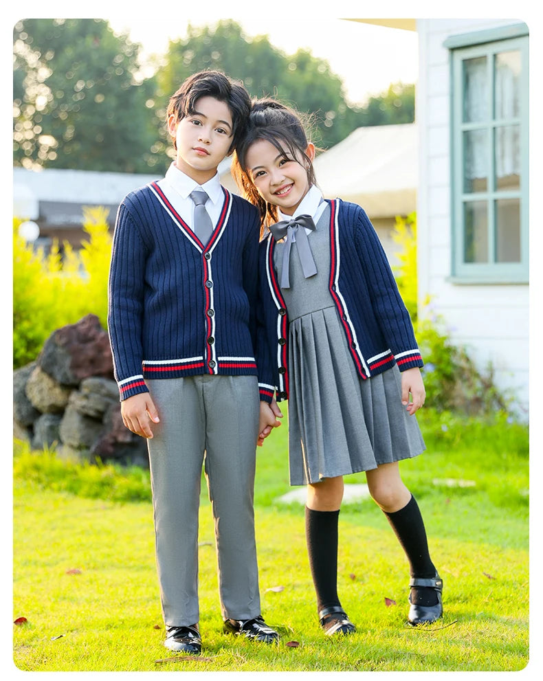 Child School Uniform outfits Navy Sweater cardigan+shirt+pants (dress)+tie 4pcs Boys girls JK clothes Suit Kid Student Class Set
