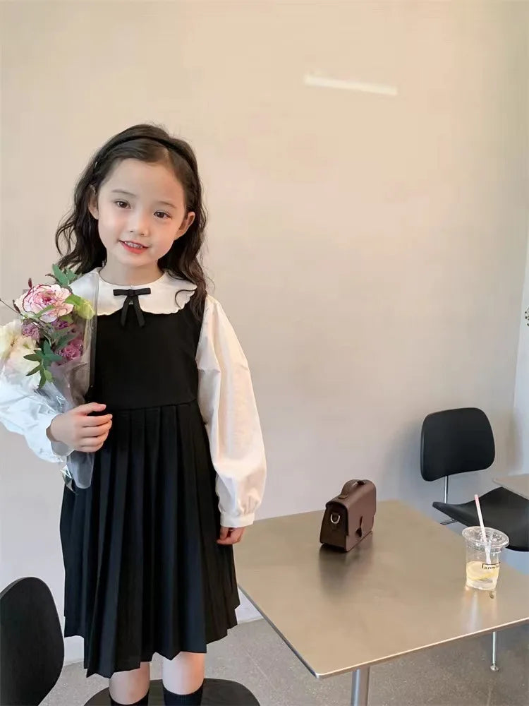 School Uniform Girls Sundress Children White Long Sleeve Blouse+sleeveless Dress 2 Piece Sets Baby Top Skirts Suit Kids Dresses