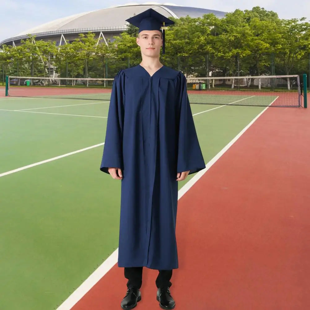Bachelor Uniform with Hat V Neck Knee Length Long Sleeve Hidden Button Student Graduation Robe Doctor Master Graduation Clothes