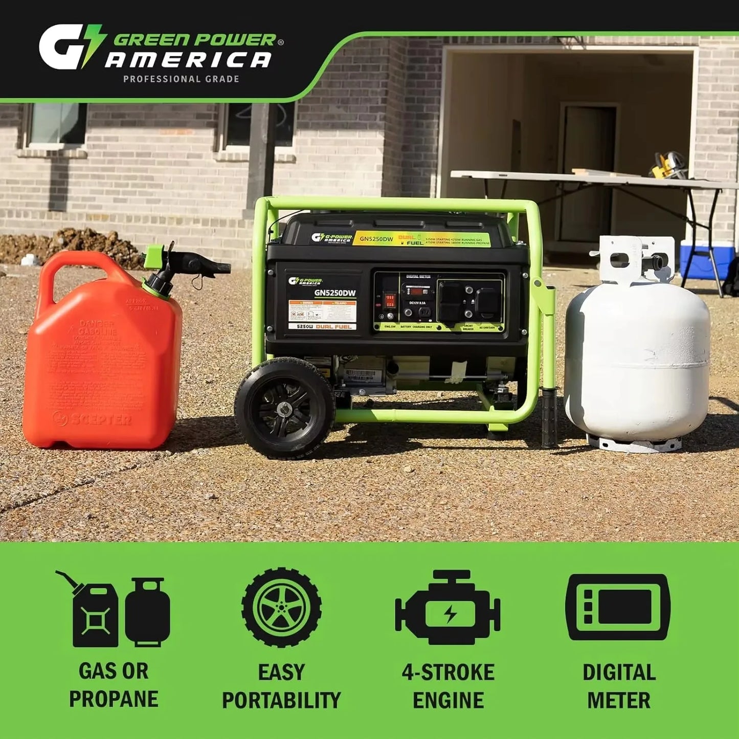 Dual Fuel Portable Generator 5250 Watt Gas or Propane Powered, Manual Recoil Start, 120v and 240v AC output, 12V-8.3A Charging