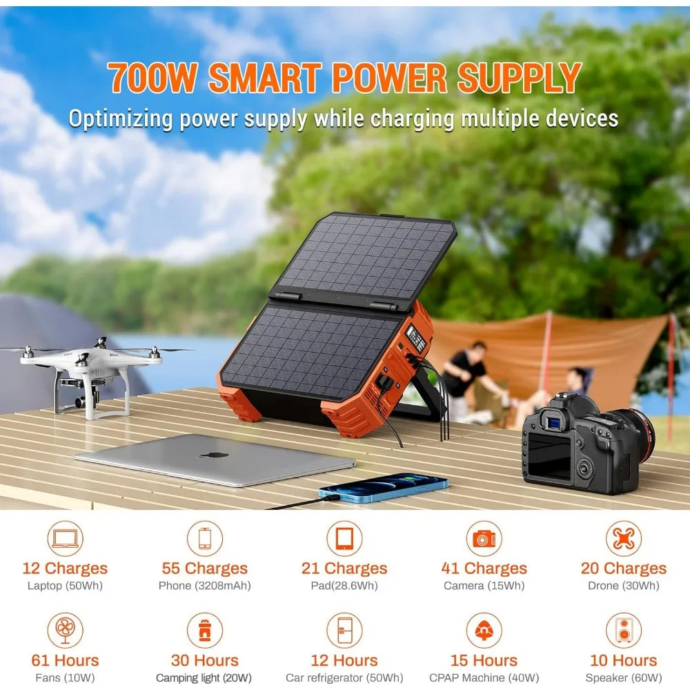 Portable Power Station with Built-in Solar Panel, 614WH/192000mAh LiFePO4 Battery Pack, 600W Solar Generator