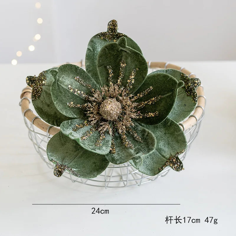 Christmas Tree Poinsettia Flower Cream White Velvet Magnolia Artificial Floral Ornaments for Xmas Decoration Wedding Centerpiece