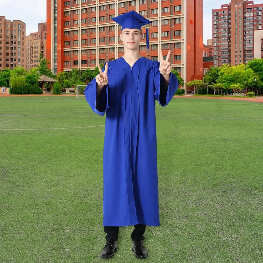 Bachelor Uniform with Hat V Neck Knee Length Long Sleeve Hidden Button Student Graduation Robe Doctor Master Graduation Clothes
